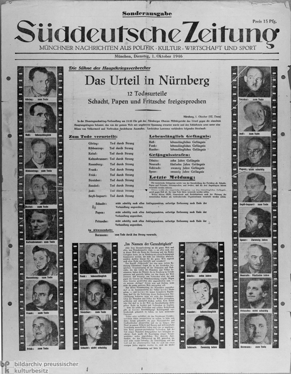 Title Page of a Special Issue of the <i>Süddeutsche Zeitung</i> with a Report on the Verdicts in the Nuremberg Trial of the Major War Criminals (October 1, 1946)